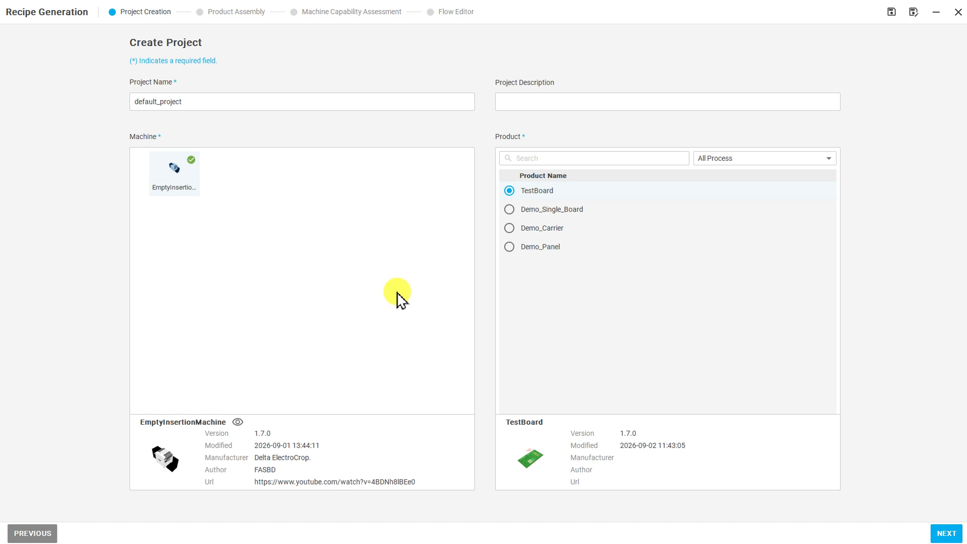 Create Project 的 Product 清單顯示 TestBoard