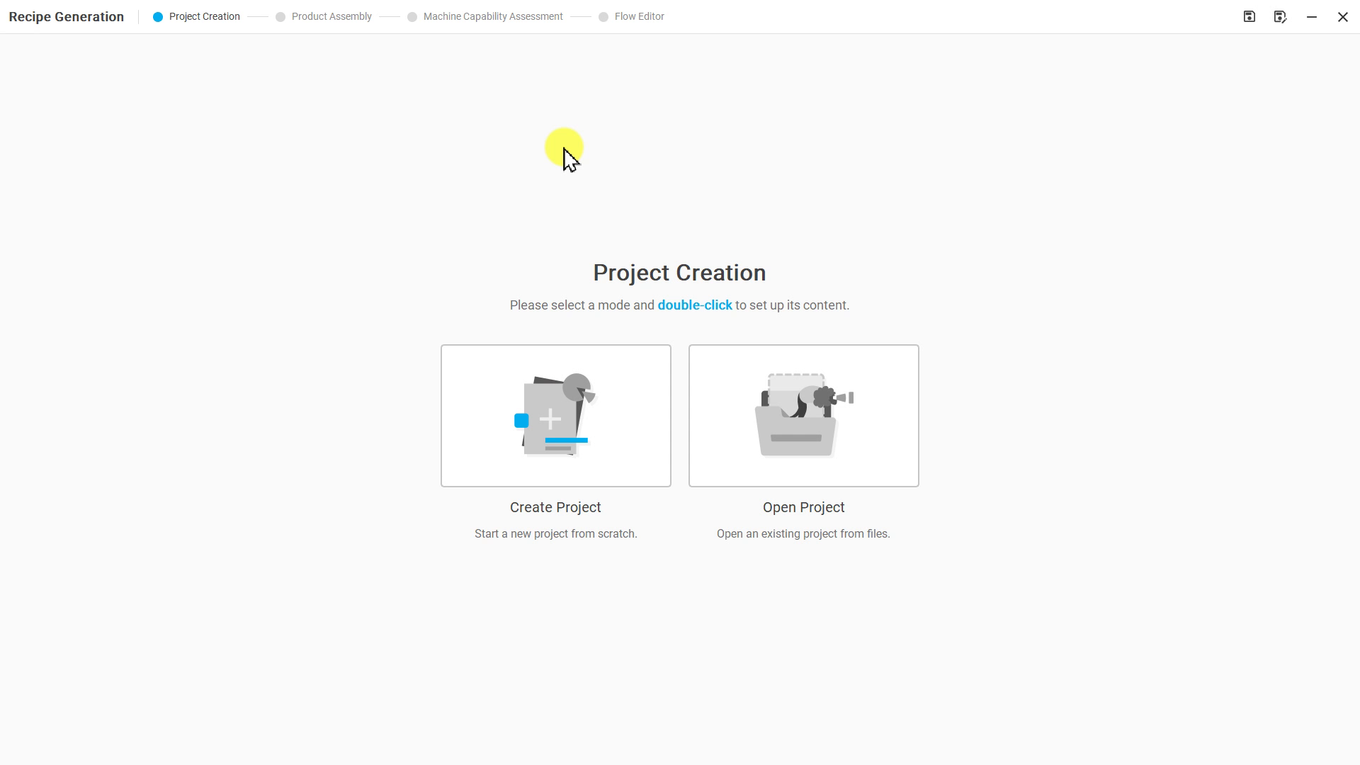 Recipe Generation 的 Project Creation 頁面顯示 Create Project 與 Open Project