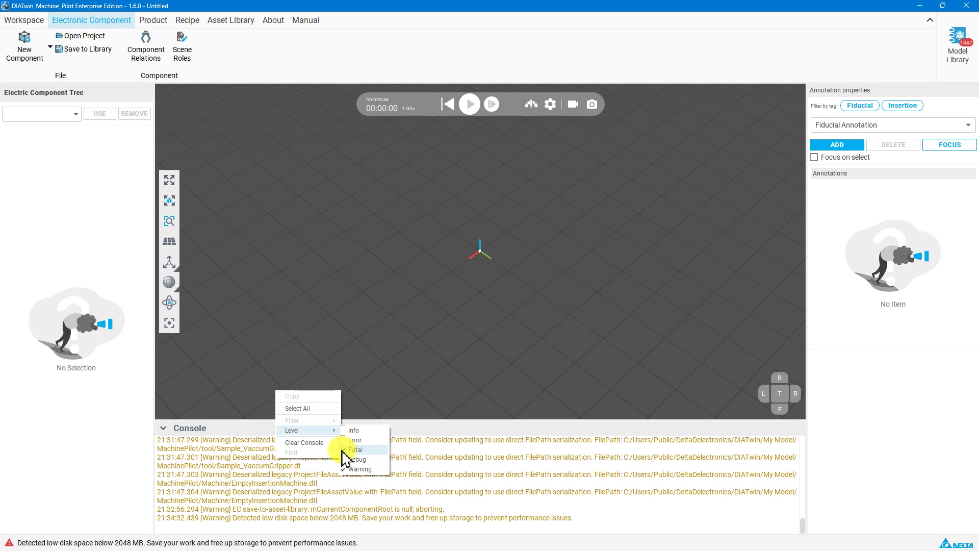 Console 訊息等級，MachinePilot 錄影畫面。