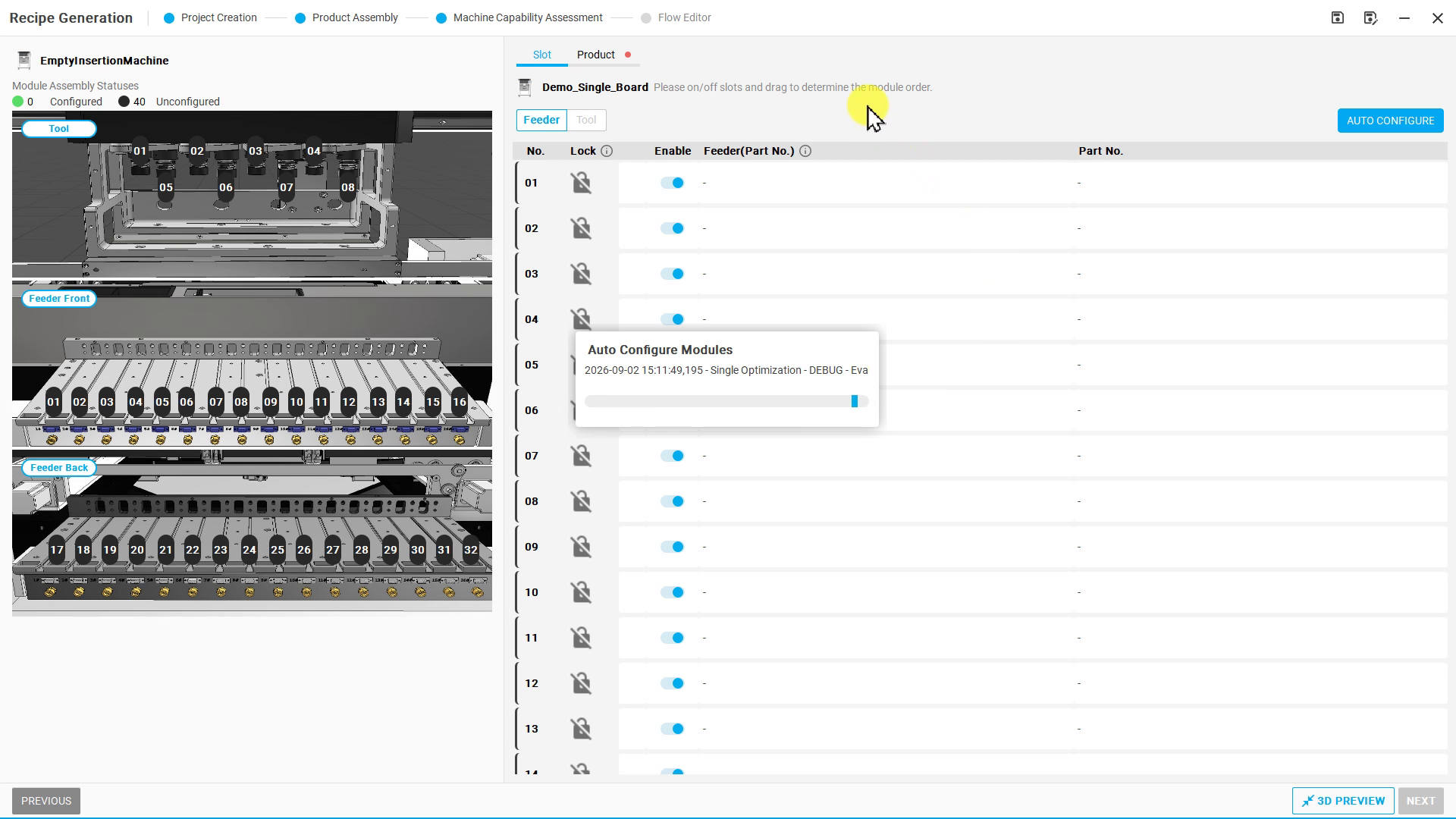 Auto Configure Modules 視窗顯示 Single Optimization 與進度列
