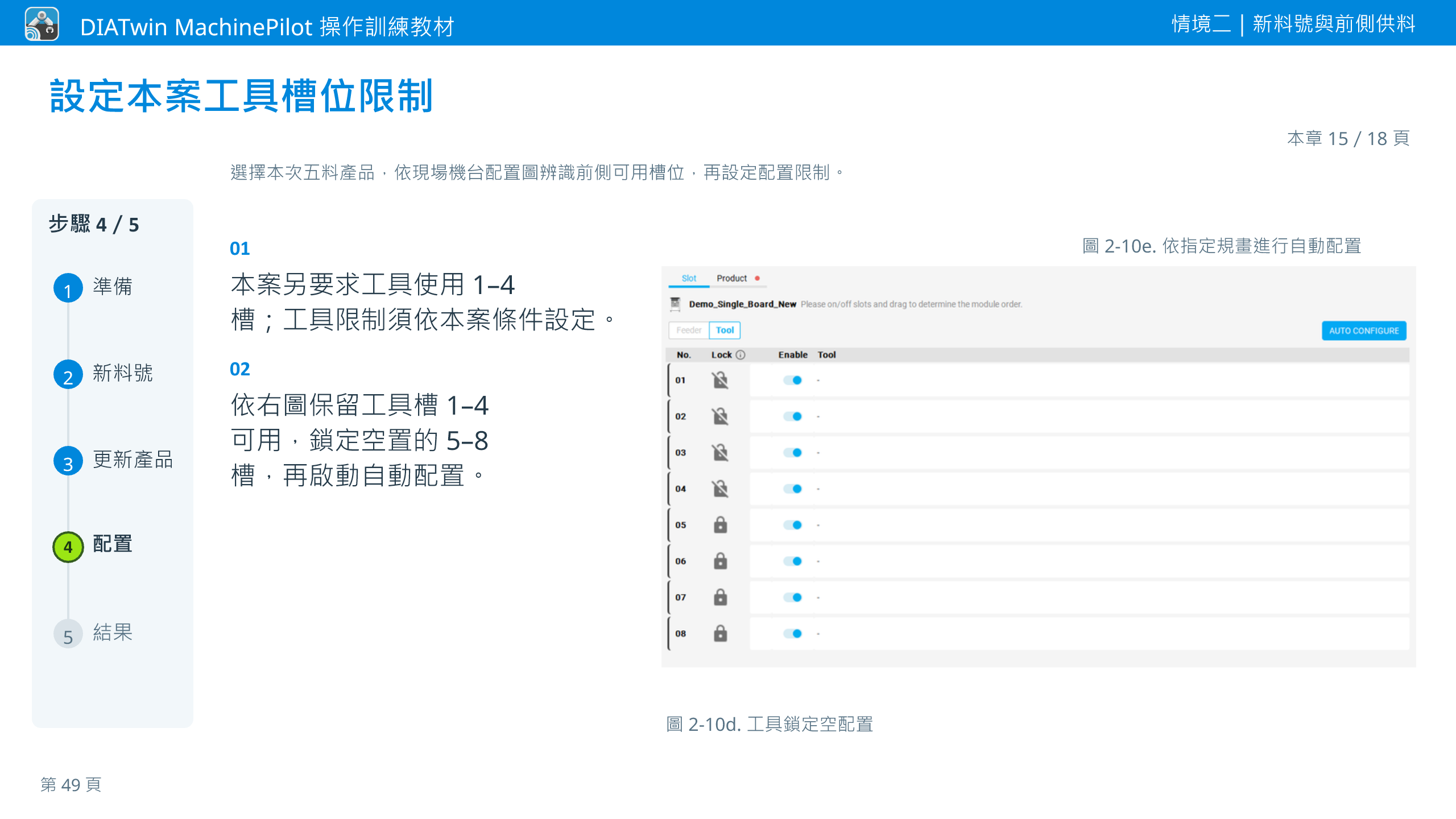 情境二｜新料號與前側供料 · 本章 15／18 頁 · 設定本案工具槽位限制