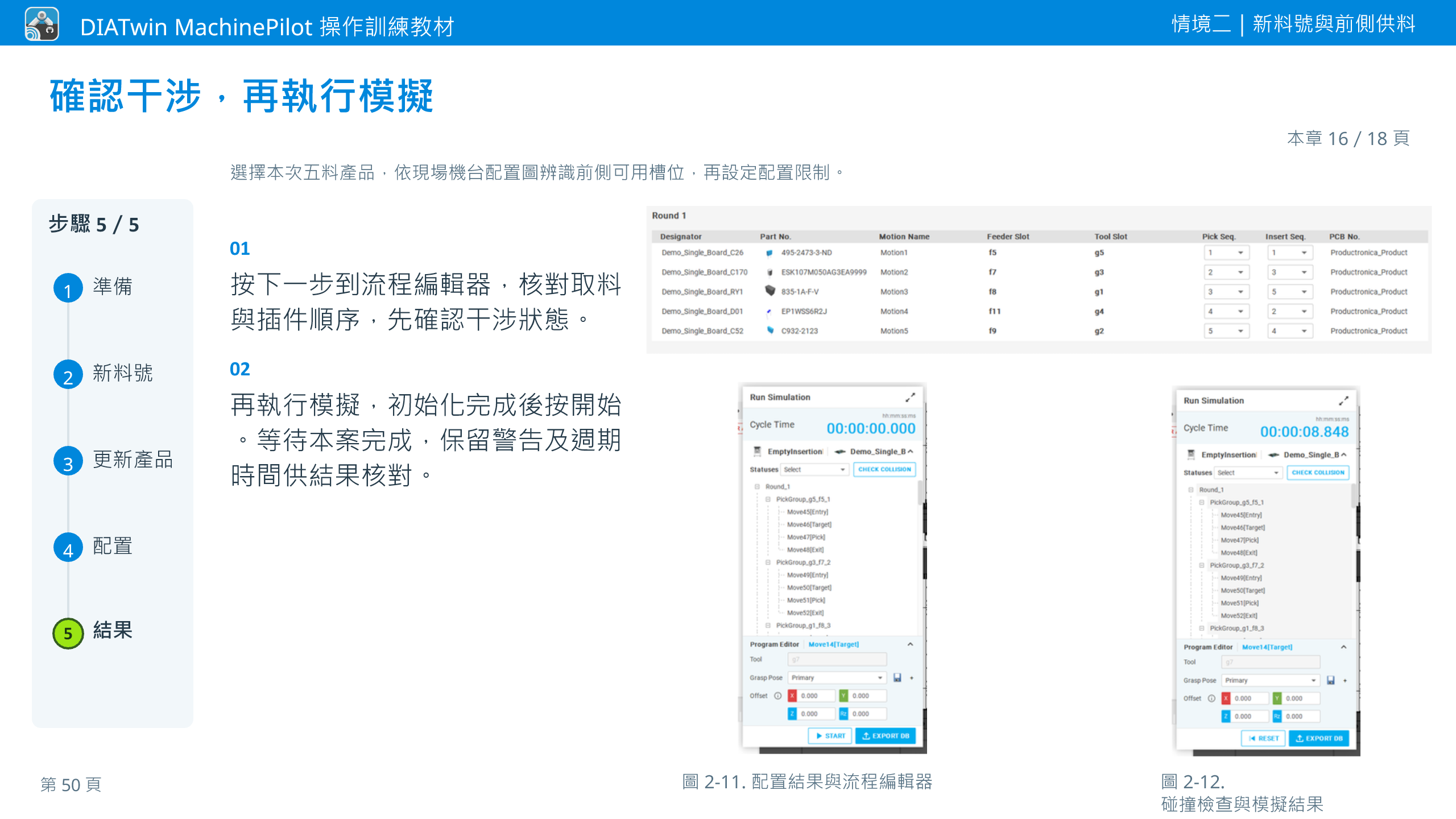 情境二｜新料號與前側供料 · 本章 16／18 頁 · 確認干涉，再執行模擬