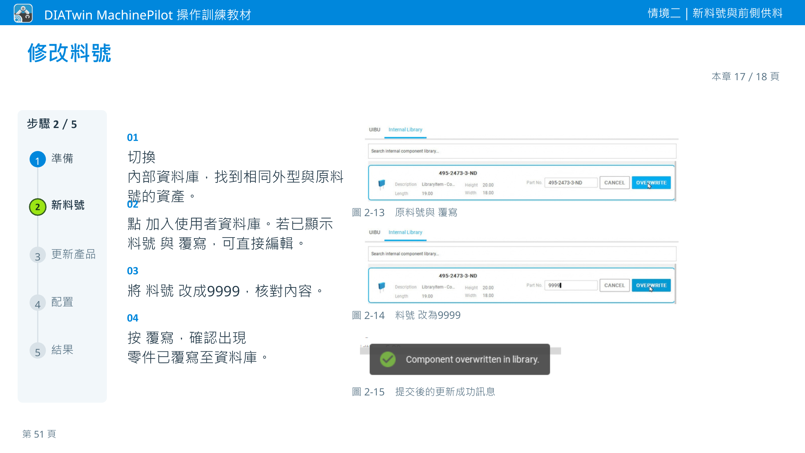 情境二｜新料號與前側供料 · 本章 17／18 頁 · 修改料號